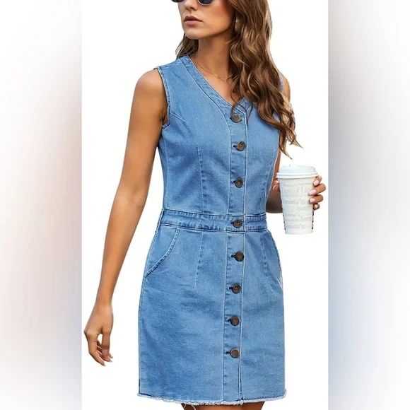 Blue Denim Overall Dress with V-Neckline - Picture 3 of 5